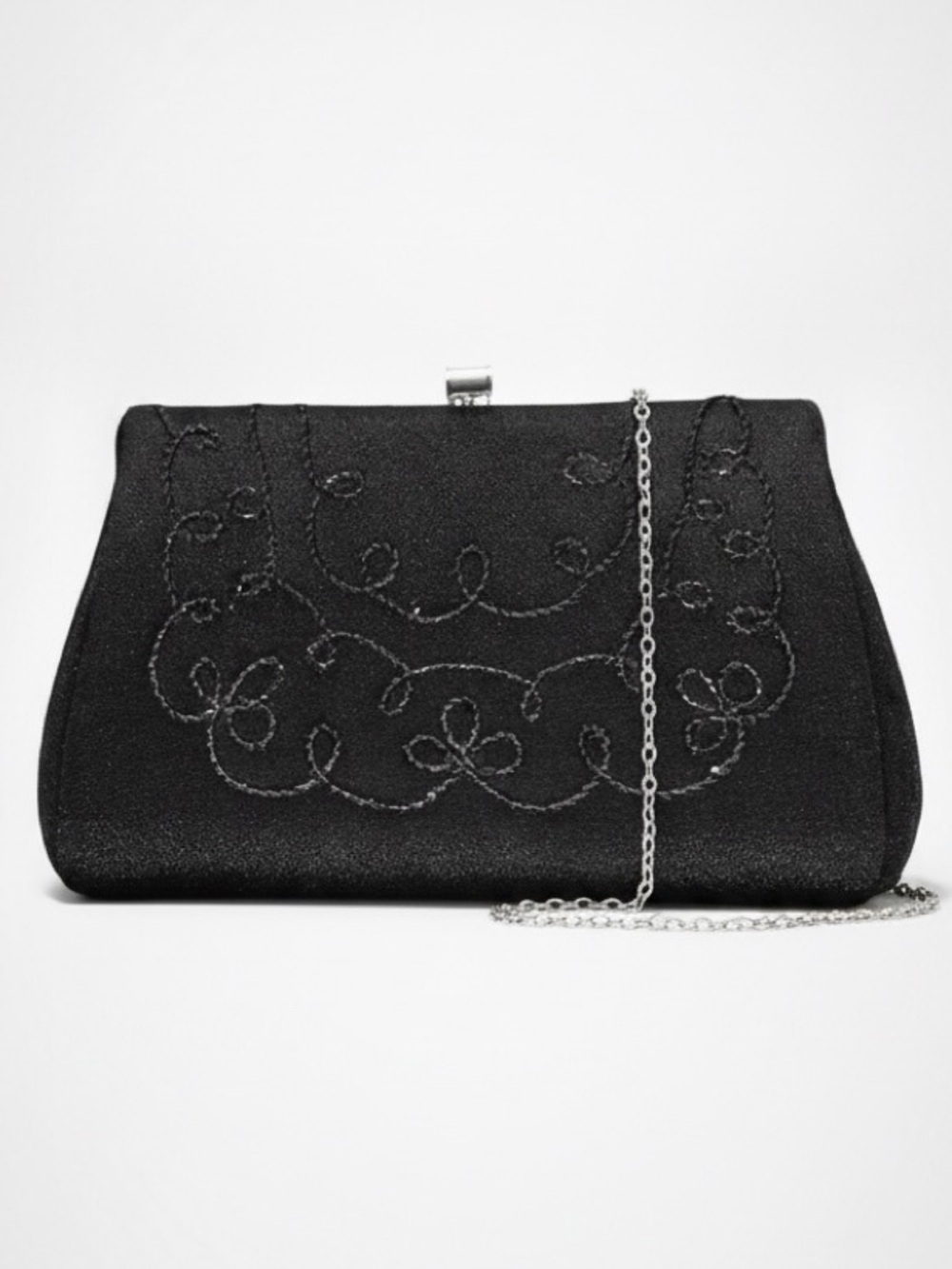 Vintage Evening Bag/Clutch Beaded Design Silver Tone Chain and Hardware Black